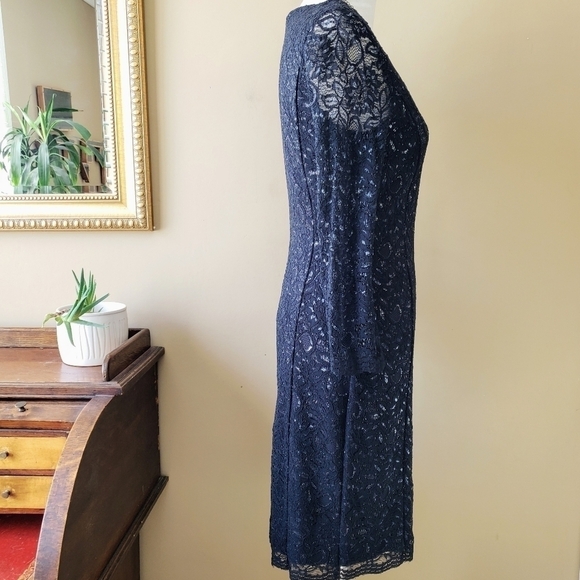 Banana Republic L’Wren Scott Lace Sheath Dress V-Neck Size 6 Navy Metallic - Picture 5 of 10